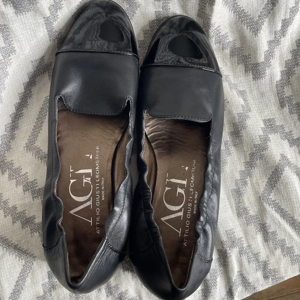 AGL Attilio Giusti Leombruni Ballet Flat 38.5 Black Leather Shoe Cap Toe Italy‎
